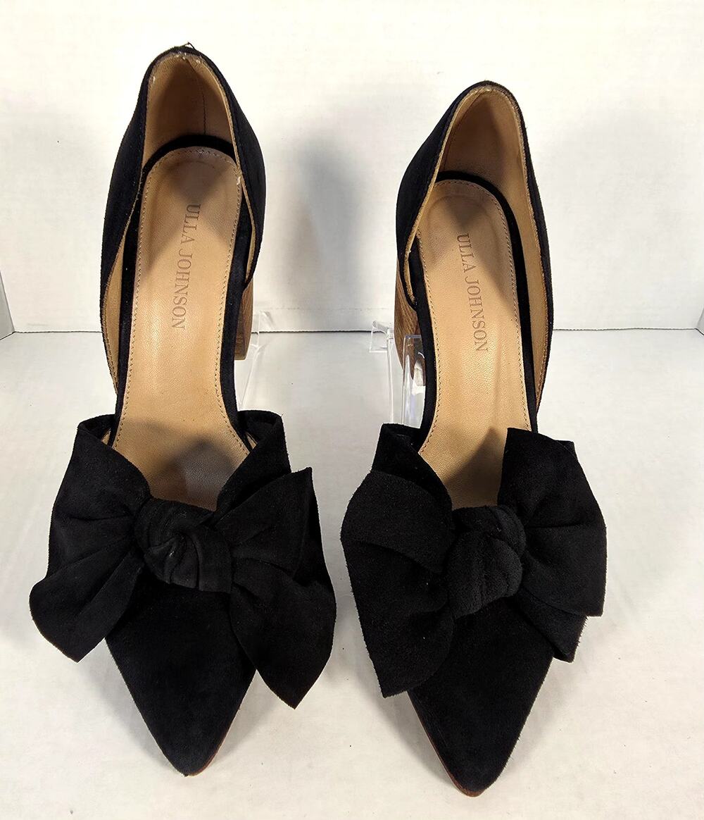 Ulla Johnson Black Suede Bow Block Heel Pumps Pointed Toe Made in Peru Sz 38